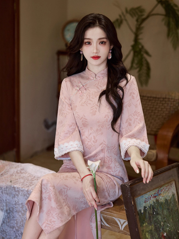 唐依恋粉色新中式倒大袖长款长袖旗袍秋季2025新款女复古修身收腰|undefined
