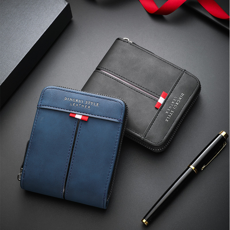 2025 New Cross-Border Men's Fashion Wallet, Short Horizontal Zipper Tri-Fold Coin Purse, Retro Casual Buckle