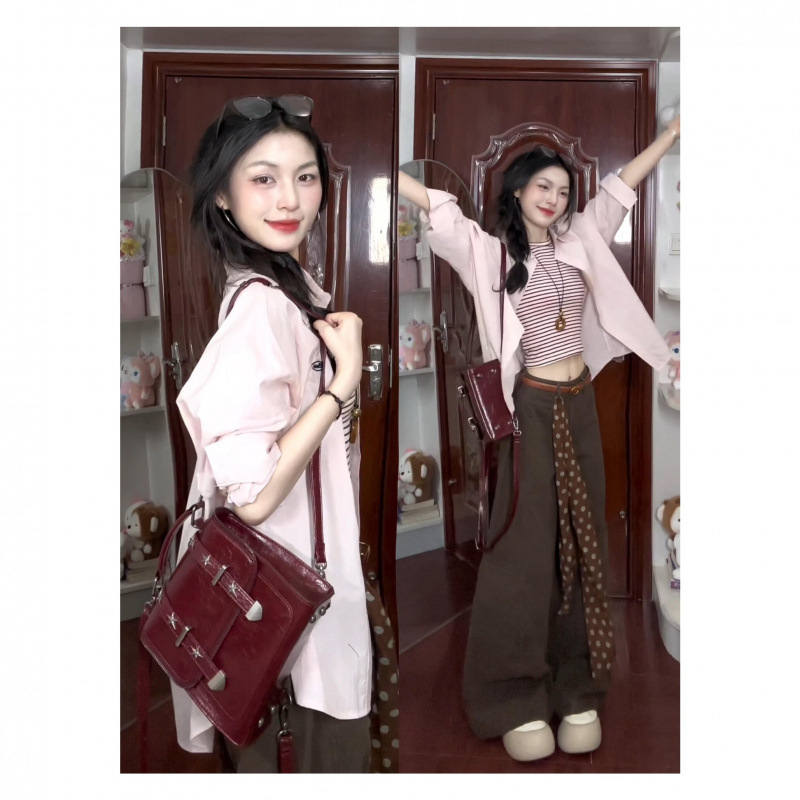 满江月粉色气质韩系宽松长袖衬衫女秋季设计感休闲慵懒风开衫外套|undefined