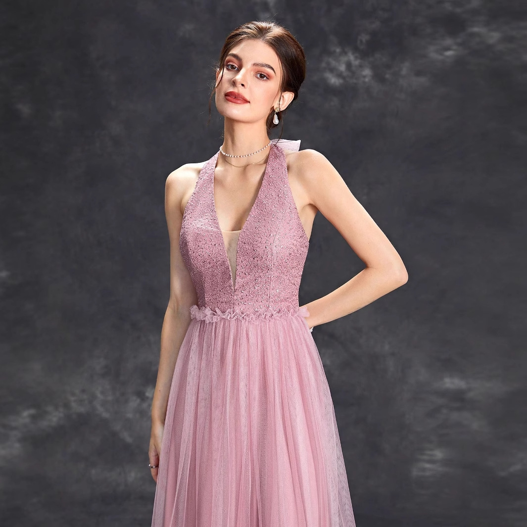 Vestido de baile europeo y americano de alto nivel de cuello colgante vestido largo sexy vestido de cuello en V vestido de reunión anual para adultos