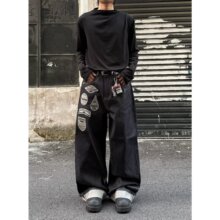 美式复古牛仔裤男女嘻哈字母刺绣贴布直筒设计感宽松休闲阔腿长裤