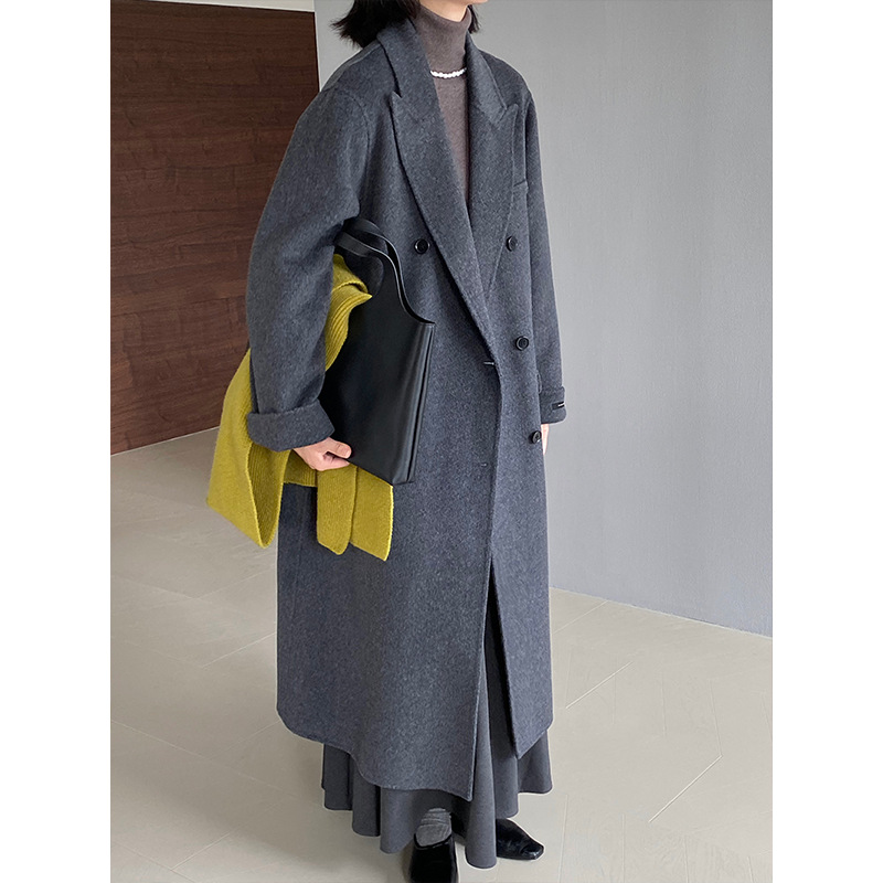 江左 黑标系列 高级感100澳毛西装领双面呢大衣女冬长外套 219062