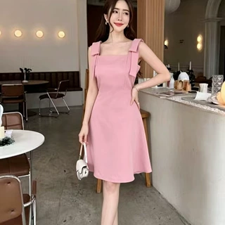 跨境设计感蝴蝶结吊带连衣裙女夏季小个子休闲气质无袖A字短裙子