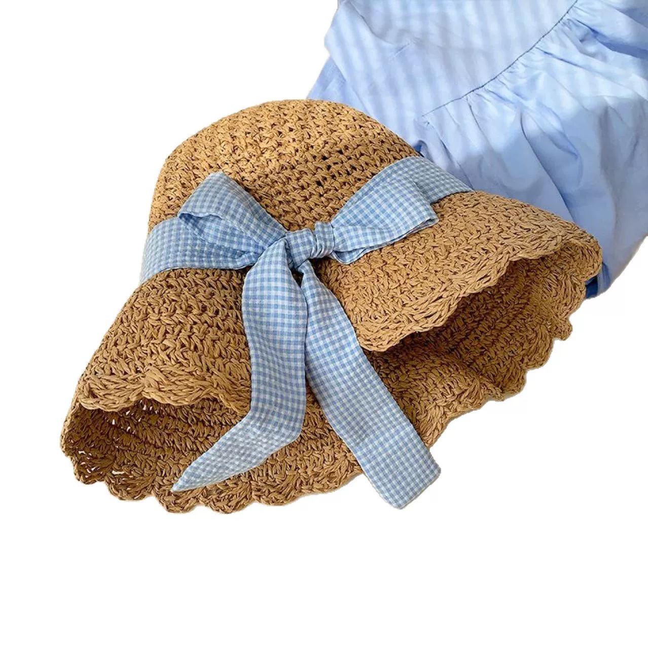 Straw summer beach hat with bow solar-powered, sun protection, beach style