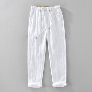 1360 Spring and Summer Linen Casual Pants for Men Japanese Style Fresh Pure Color Elastic Waist Drawstring Linen Straight Pants for Men