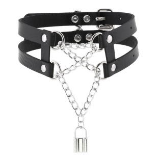 New Punk Harajuku Elegant Double Row Double Line Chain Square Lock Necklace Neck Strap Sexy Sling Necklace Pu Leather Collar