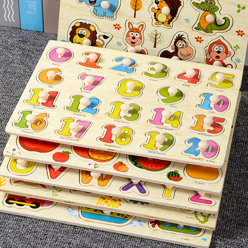 キノコの釘の手のつかみ板のパズルの子供の蒙氏の早教の木製のおもちゃのアルファベットの数字の果物の形の認知のつづり板|undefined