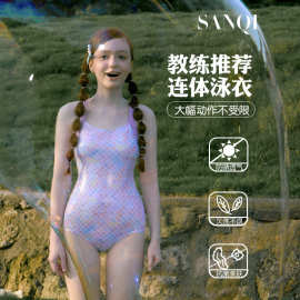 女生泳衣新款初中生中大童连体三角训练竞速游泳馆温泉运动游泳衣