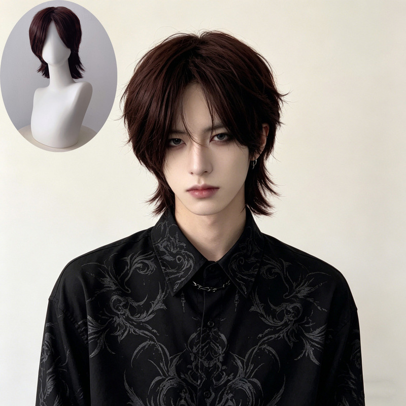 Cross-Border E-Commerce Wig for Men, Short Hair with Outwardly Curled Mullet Style, Japanese-Style Fluffy Wolf Tail Medium-Length Hair, Full Head Wig in Stock Cross-Border E-Commerce Wig for Men, Short Hair with Outwardly Curled Mullet Style, Japanese-Style Fluffy Wolf Tail Medium-Length Hair, Full Head Wig in Stock