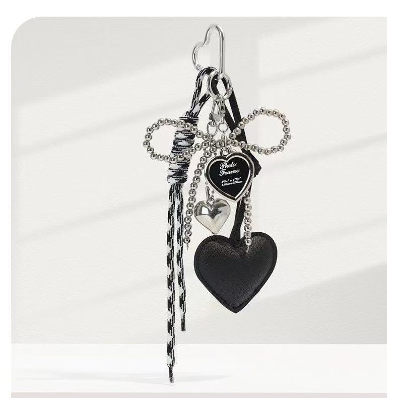 Miu Girl's Heart Silver Bead Bow Love Bag Pendant Leather Love Personality Braided Rope Keychain Hanging Ornaments