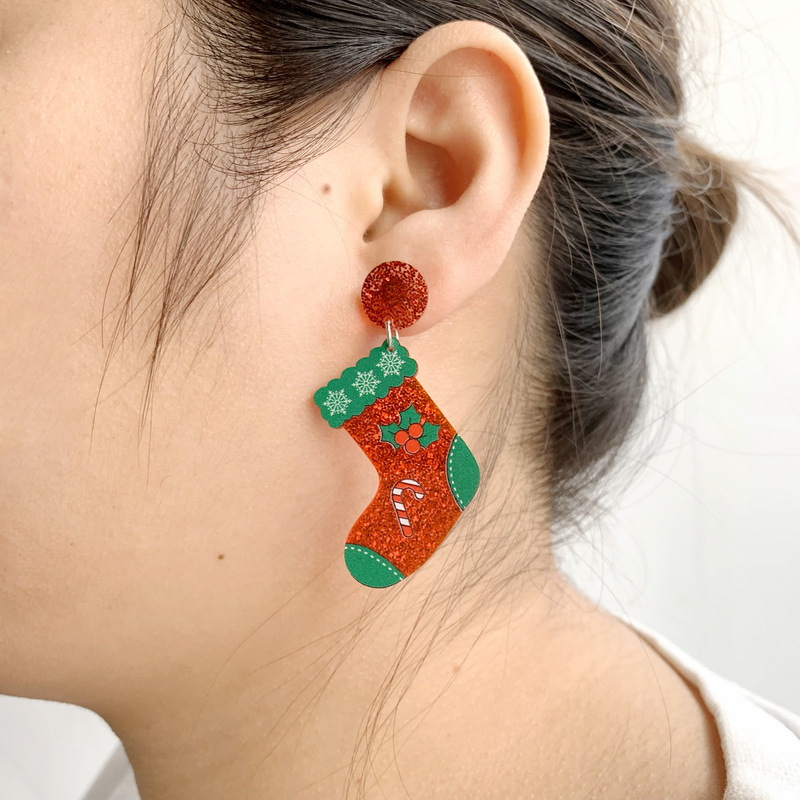 Women'S Gender Printing Design 1 Pair Cartoon Style Christmas Tree Christmas Socks Printing Arylic Earrings