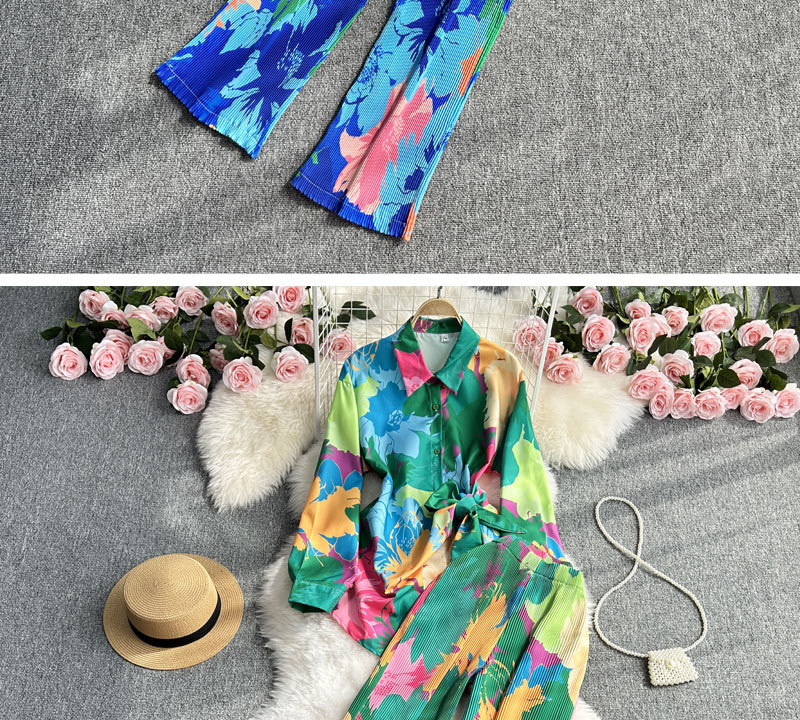 Women's Clothing Fashion suit women's casual loose long sleeved single breasted shirt two piece set high slimming tie dye printed wide leg pants_voghion.com