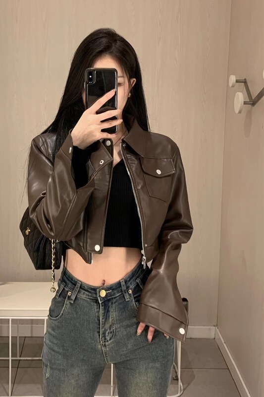 美式复古甜酷辣妹风咖色皮衣外套2025秋装新款设计感机车夹克上衣|undefined