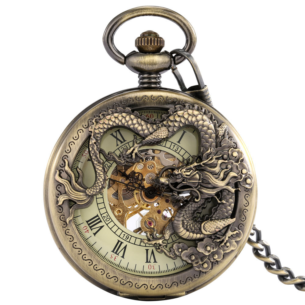 Vintage Classic Bronze Hollow-Out Relief Dragon Roman Numeral Manual Mechanical Pocket Watch, Gift for Men and Women, Suitable for Elders