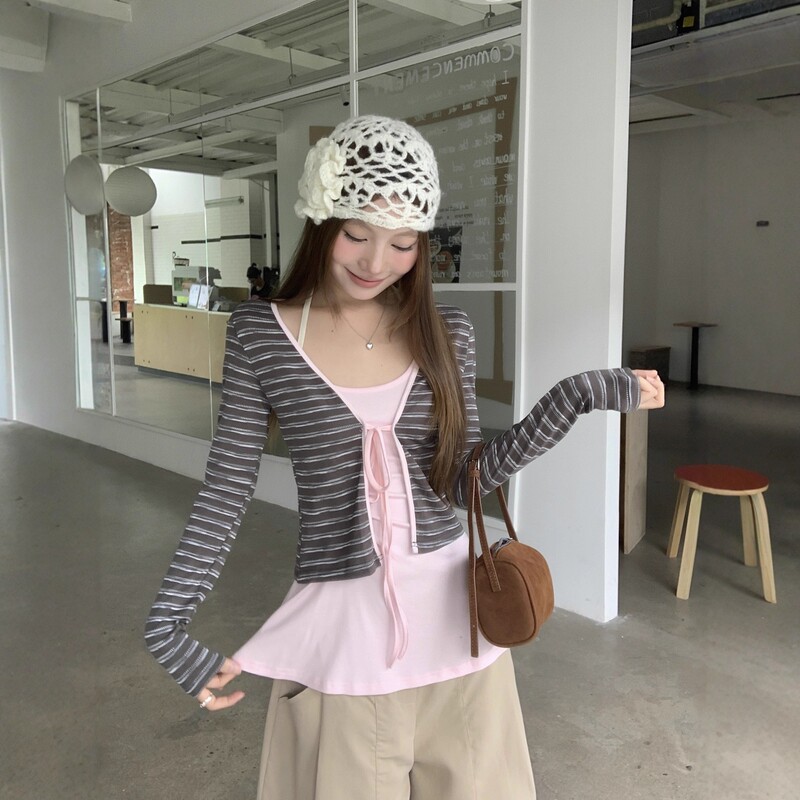韩系复古条纹开衫外套女秋季2025新款少女感穿搭外搭披肩短款上衣|undefined