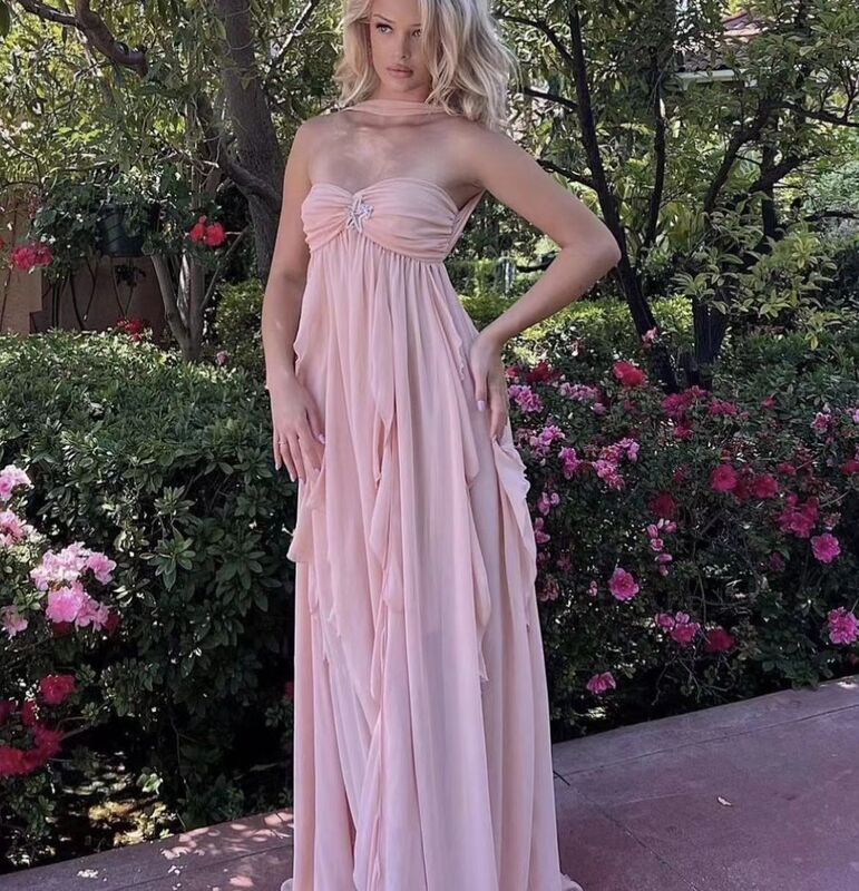 French style halter chiffon dress sexy wrapped chest backless star decoration irregular ruffled dress long skirt