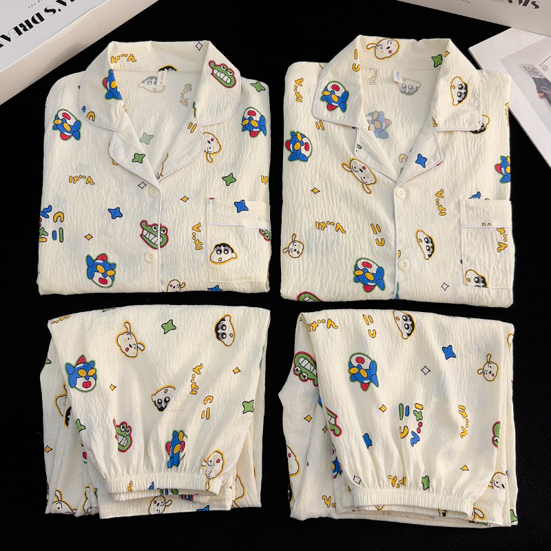 Cross-Border Wholesale Cloud Cotton Pajamas Autumn New Home Wear Cardigan Lapel Long-Sleeved Pants Suit for Men and Women Couples