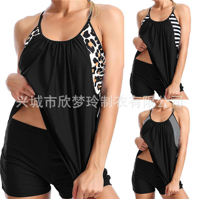 2021欧美泳衣聚拢花色豹点条纹裙式分体比基尼女士游泳衣泳装大码