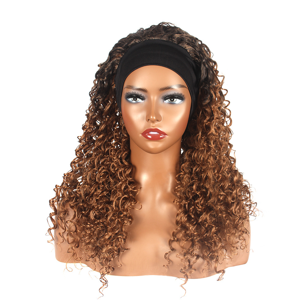 Perruque synthétique perruque cheveux longs femme foulard marron dégradé petit bandeau bouclé fibre synthétique_voghion.com