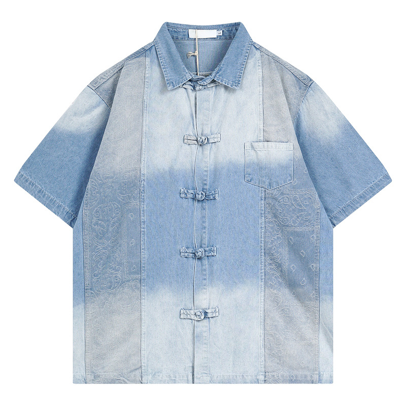 Guofeng Buckle Denim Short-sleeved Shirt Men's Summer Vintage Washed Blue Half-sleeved New Chinese Handsome Lapel Shirt