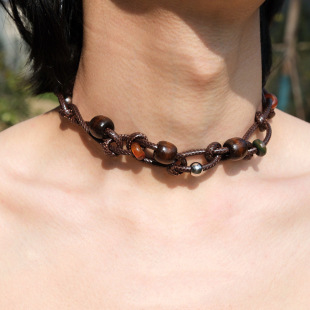 National fashion new Chinese style brown wooden beads leather rope necklace multi-element wooden hand-woven leather rope necklace choker female