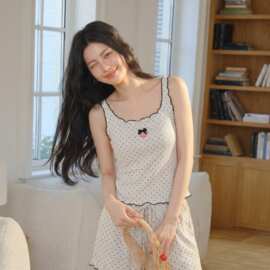 睡衣女夏季带胸垫可外穿吊带短裤两件套甜美刺绣波点印花家居服