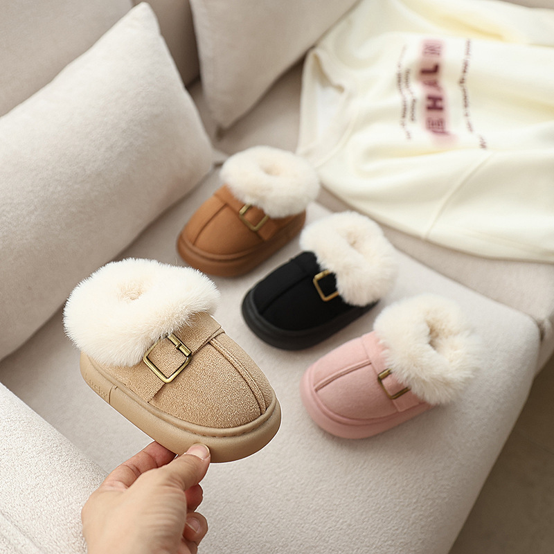 Children's Winter Cotton Shoes Fleece-Lined Warm Snow Boots for Small and Medium-Sized Kidsren Anti-Slip Bag Heel Short Boots Baby Metal Buckle Large Cotton Shoes