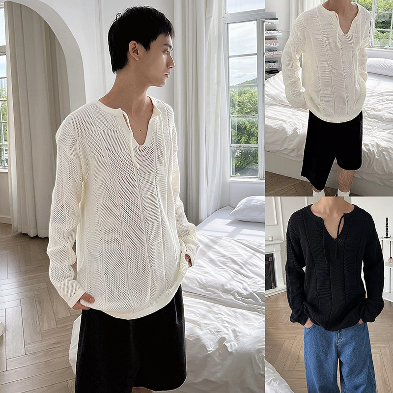 Sexy fishnet hollow-out sun protection cardigan knit sweater for men, spring and autumn style, suitable for layering, large mesh, cross-border factory wholesale