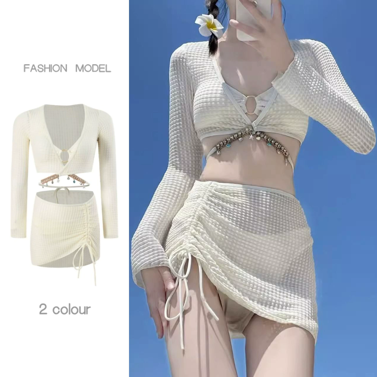 2024 Новый бикини костюм из четырех частей, горячий купальник с разрезом для девочек, женская маленькая грудь с длинным рукавом, сексуальный отдых на море, похудение