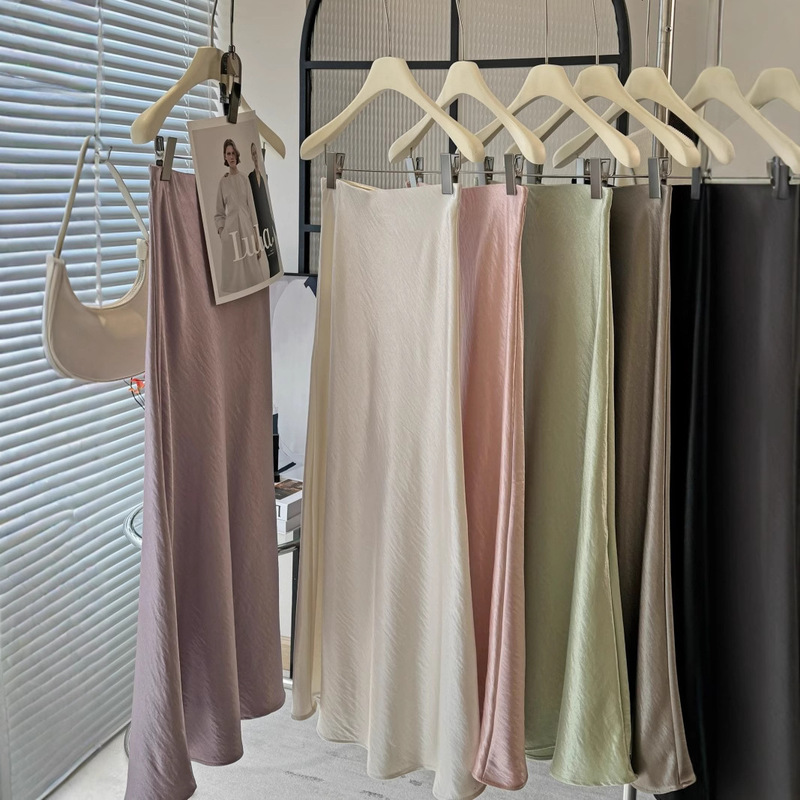 Acetate Satin Fishtail Skirt for Women 2025 New Style Simple Draped Slimming Look Hip-Hugging A-Line Mid-Length Skirt