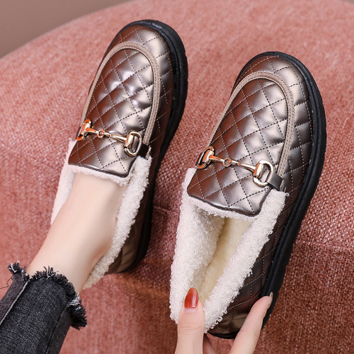 Thick-soled small fragrant winter women's shallow-mouthed cotton shoes, Korean version, versatile, thickened, warm, fashionable leather-covered cotton shoes, waterproof large cotton shoes
