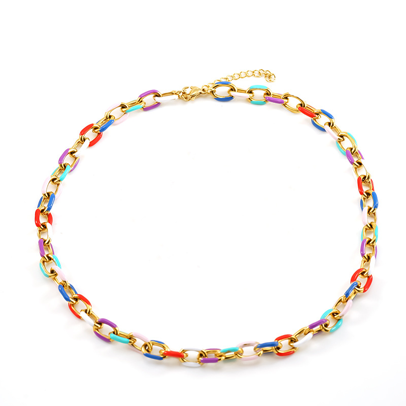 Collana con catena cubana colorata alla moda europea e americana, con catena a clavicola, goccia di smalto, multicolore, moda personalizzata, in acciaio al titanio transfrontaliero_voghion.com