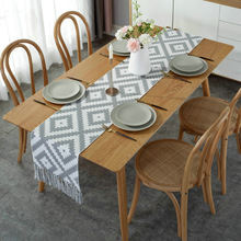 跨境田园方格流苏桌旗棉麻茶几垫茶旗书柜盖巾桌布桌旗工厂定 制