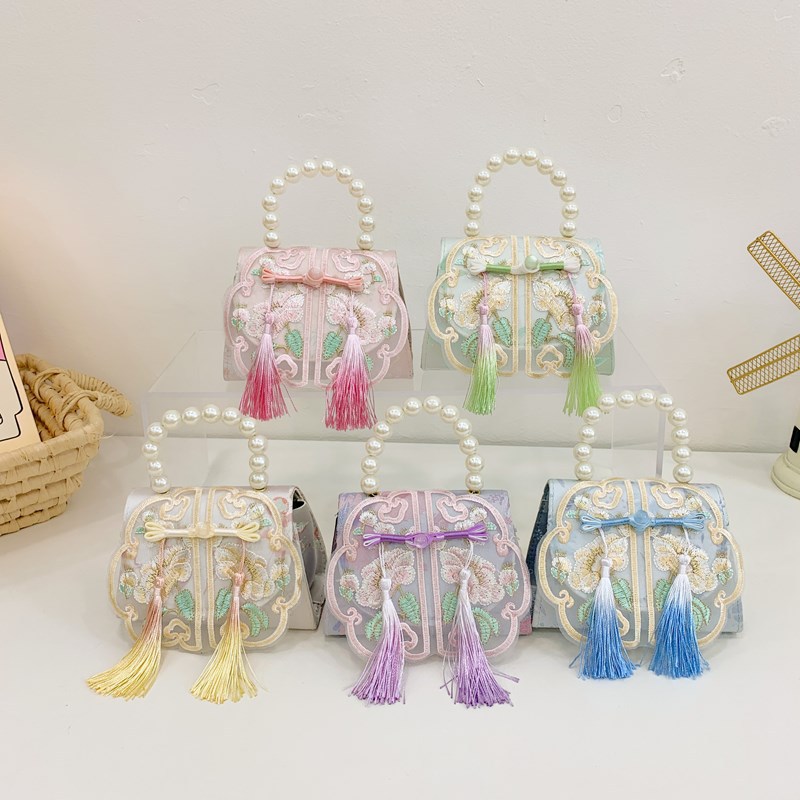 Nueva bolsa de hombro de niña china dulce perla portátil princesa bolso de mano lindos bordillos mini cadena bolso de niños