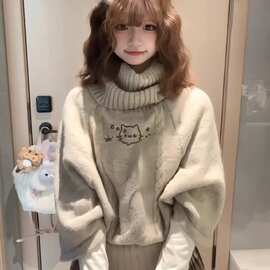 萌系麻花针织套头斗篷毛衣女秋冬宽松加厚高领设计感减龄中袖上衣