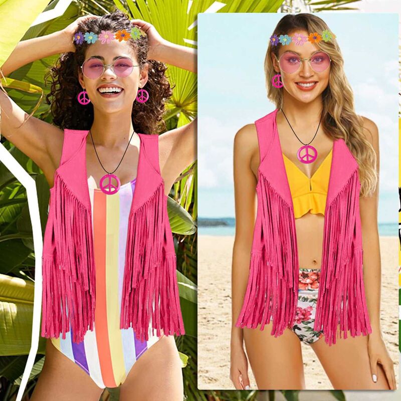 Cross-border Factory Amazon Hot Sale Retro Tassel Vest Women's 70 s Casual Clothing cosplay Five-piece Set