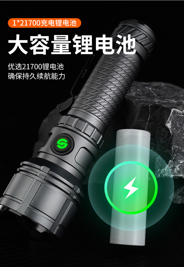 Cross-Border High-Intensity Long-Range Tactical Flashlight with Telescopic Zoom, Adjustable Brightness, Outdoor Flashlight, Aluminum Alloy, Waterproof, Rechargeable Model