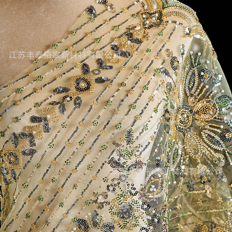 Personalización de cuentas de perlas sequin tejido de encaje suave vestido de boda mujer tela de encaje de malla vestido DIY tela de bordado de perlas spot