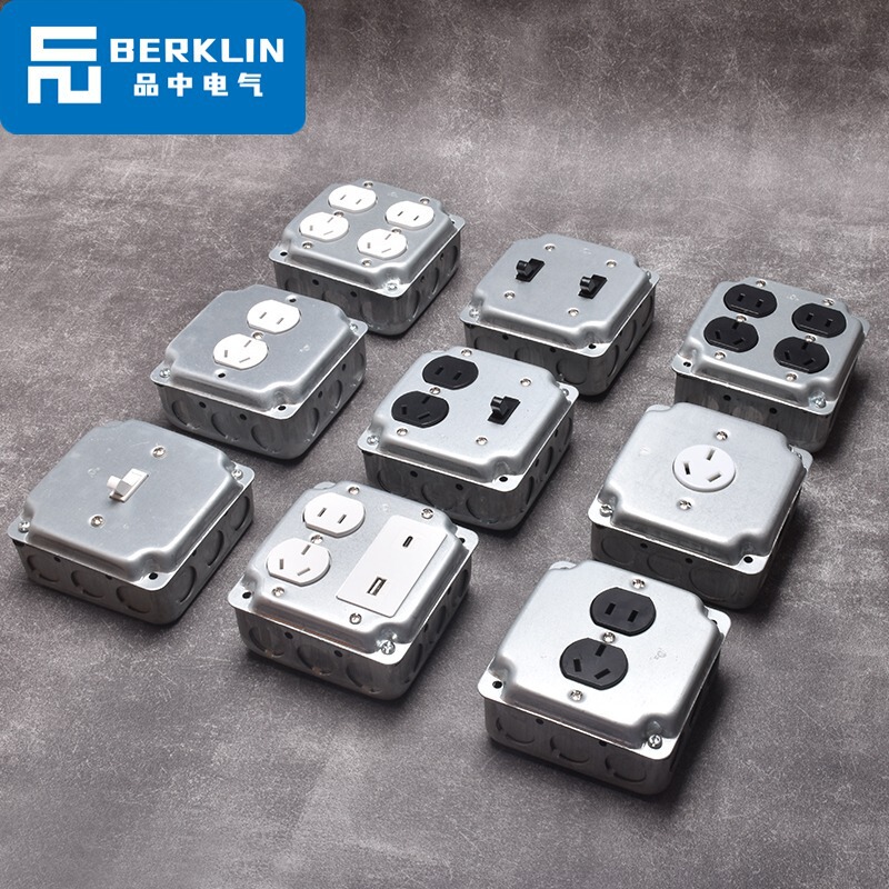 Berklin Industrial Style Socket Switch, Surface-Mounted, Cement-Style, Five-Hole, Vintage, Galvanized, Single/Dual Control, Two/Three Plug