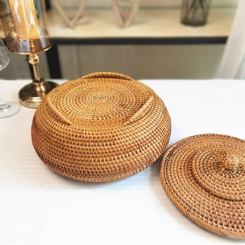 热销藤编收纳盒手工编织糖果带盖盒藤编点心水果收纳筐