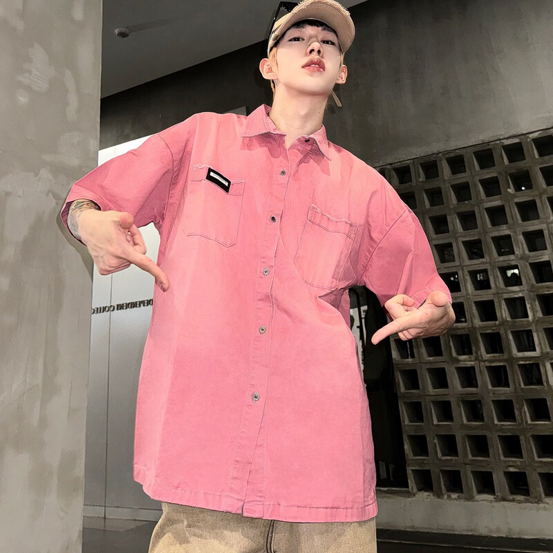 American Style Trendy Brand Men's Loose Half Sleeve Washed Old Denim Shirt Summer New Trendy Short Sleeve Shirt for Teenagers