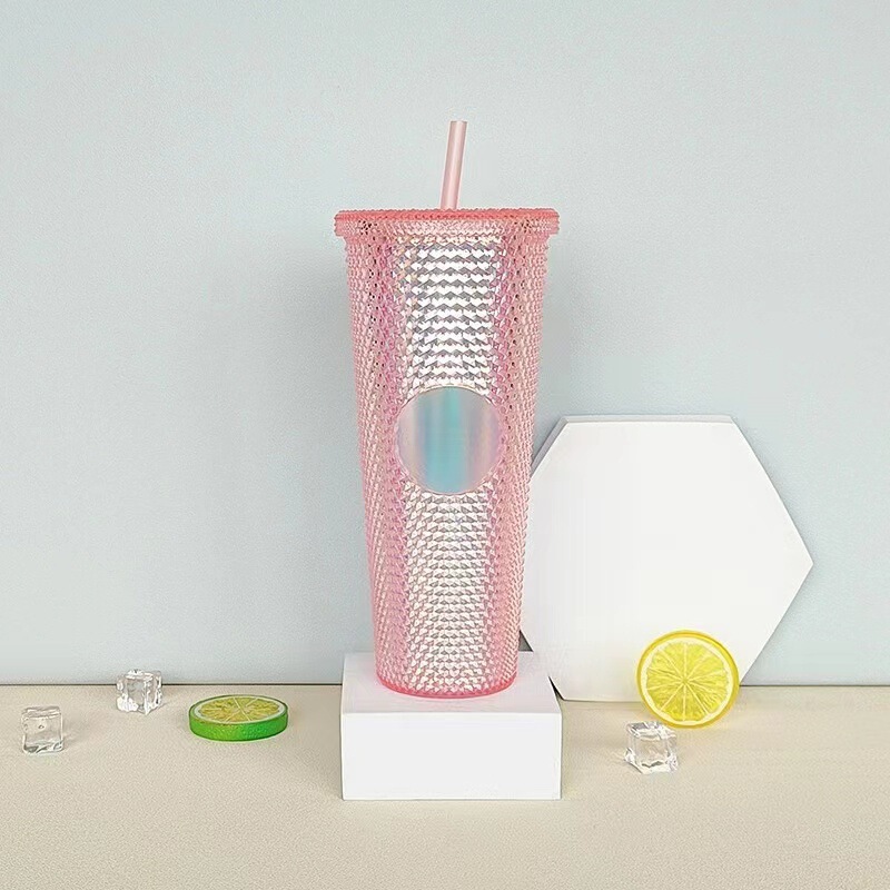 星⭐同タイプのプラスチックカップザクロ蓮カップ卸売り高颜値ストローカップ紙箱付きコップロゴ自慢メッキ|undefined