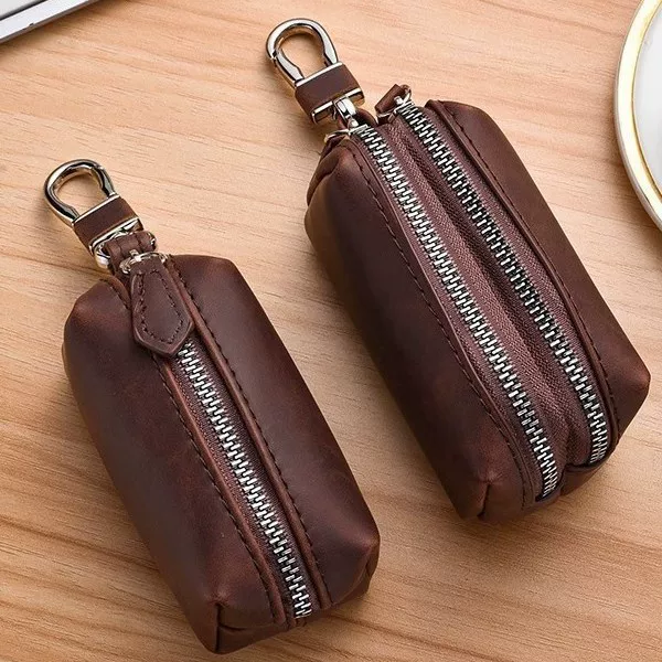 Practical Hand-Held Two-In-One Men's and Women's Genuine Leather Texture Double-Layer Zipper Car Key Bag Storage Coin Purse