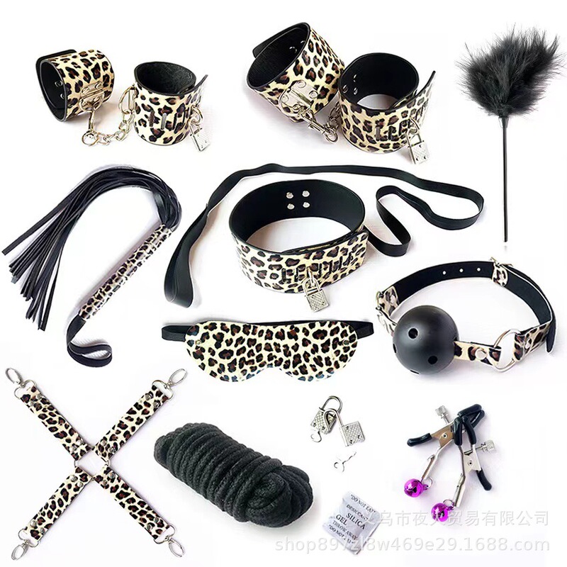 Leopard print with lock PU leather ten-piece set training handcuffs mouth plug restraint rope dog ring adult alternative toy
