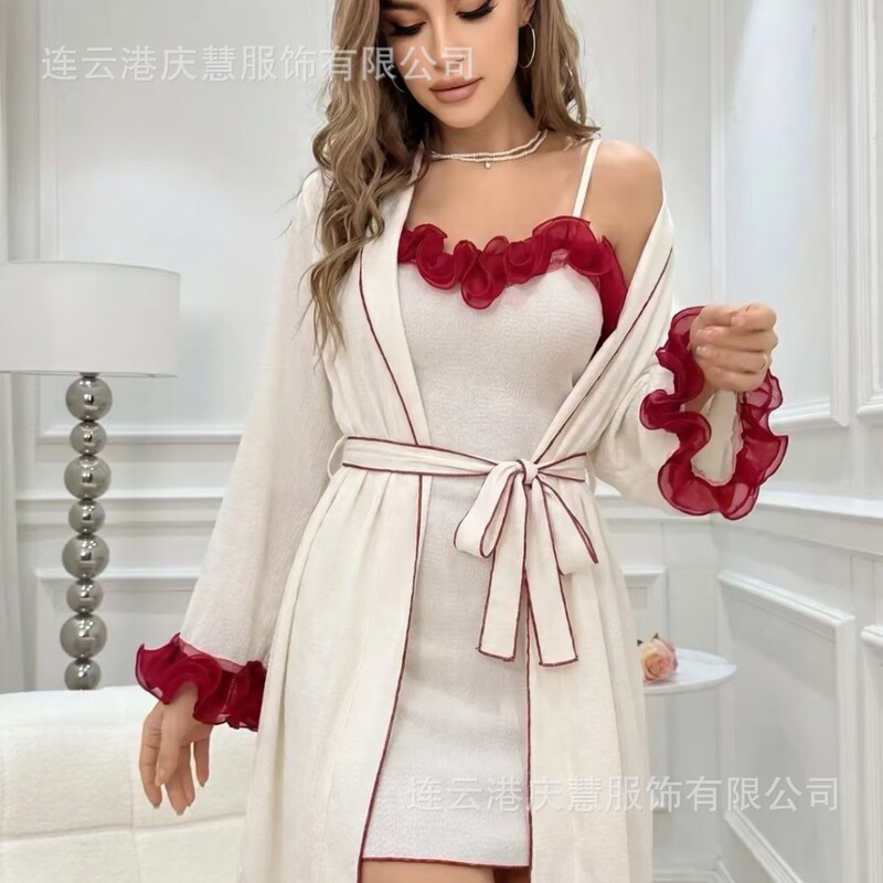Cross-Border Lapel Tie-Waist Pajamas Women's Set Spring and Summer New Style Long-Sleeved Cardigan Textured Home Wear Two-Piece Set Cross-Border Lapel Tie-Waist Pajamas Women's Set Spring and Summer New Style Long-Sleeved Cardigan Textured Home Wear Two-Piece Set