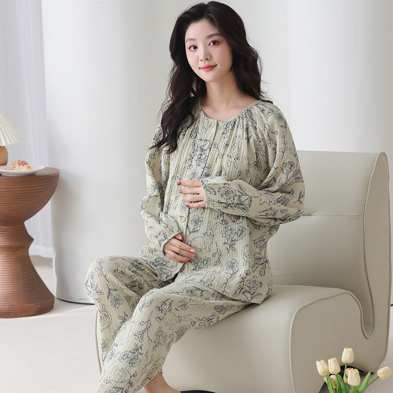 Pure Cotton Pajamas for Women in Spring and Autum with Breast Pads, Long-Sleeved Pants, Large Size Pregnant Women, Postpartum and Breastfeeding Home Clothes