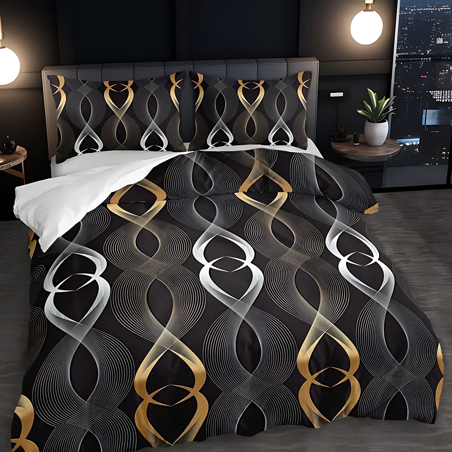 TEMU / JIT Transfronterizo Kit de colcha de cama de impresión digital línea de perilla de oro negro se puede ajustar