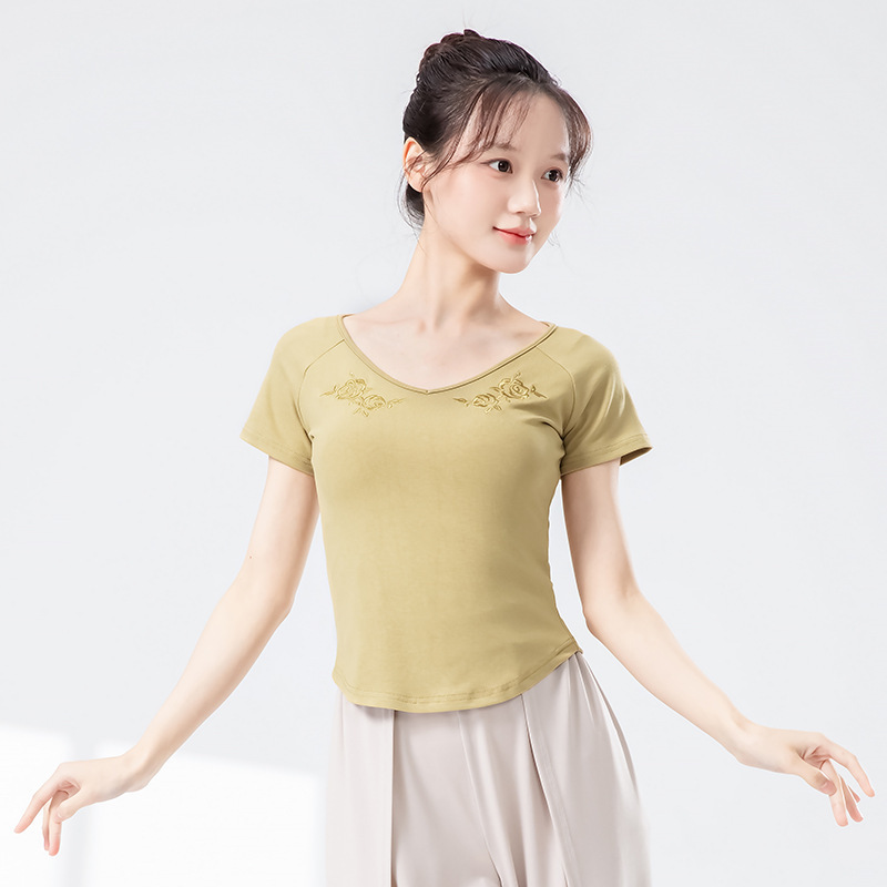 女性のためのモダンダンス服夏の新しいスリム半袖プリント毎日の練習ボディスーツ中国のダンス服トップ|undefined
