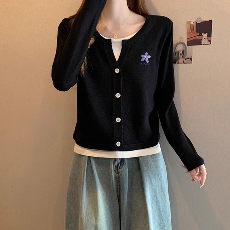 韩版撞色拼接假两件长袖T恤女早秋冬季V领设计感印花百搭开衫上衣|undefined