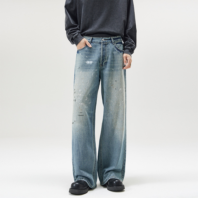 Retro tinta impresa jeans de lavado viejo suelto hombre cautiva estilo americano de otoño pantalones rectos de calle alta